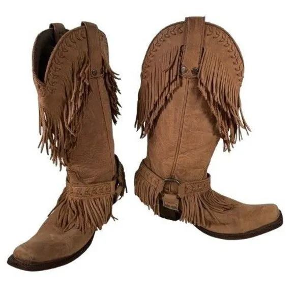 Old Gringo Double Fringe Brown Leather Suede Cowboy Boots Women's Size 8 B