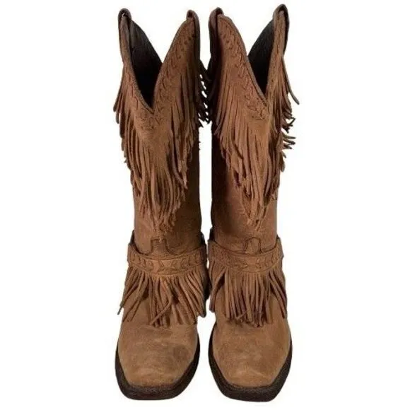 Old Gringo Double Fringe Brown Leather Suede Cowboy Boots Women's Size 8 B