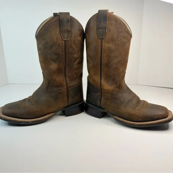 Old West BBSC1904 Brown Leather Western Boots Square Toe Cowboy Size 2