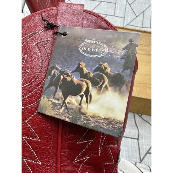 Old West Kids Red Cowboy Western Boots Leather Size 12.5