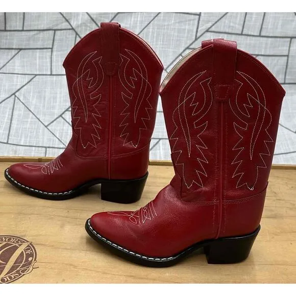 Old West Kids Red Cowboy Western Boots Leather Size 12.5