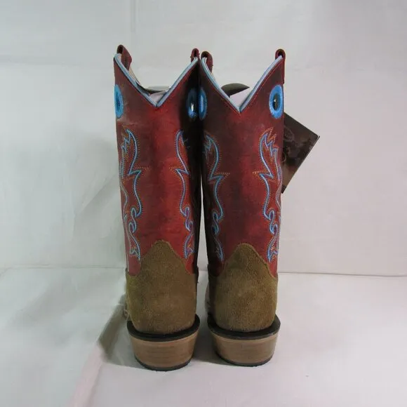 Old West Kid's Square Toe Suede Western Boots Camel/Red 8206