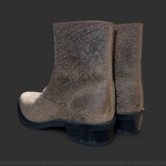 Old West Leather Bullhide Print Zip Up Ankle Boots Size 10 Retro Cowboy Look