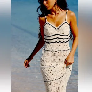 Olive Oak BOHO CONTRASTING BINDING SWEETHEART POINTELLE CROCHET KNIT MAX…