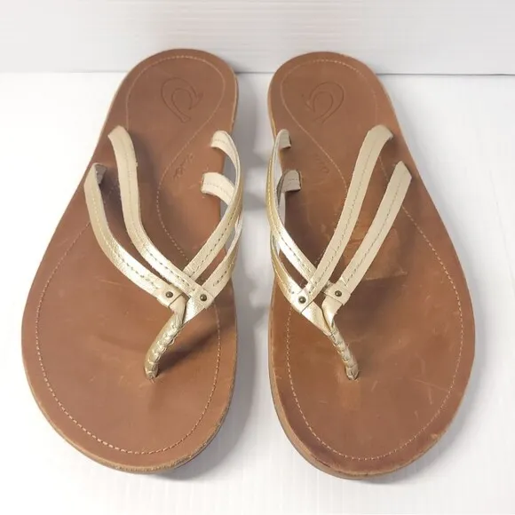 Olukai  Kapehe Luana Leather Beach Sandals in Tapa Sahara Women's 10