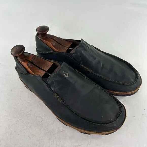 Olukai Moloa Men's Black Leather Slip On US 10 M Loafers Shoes