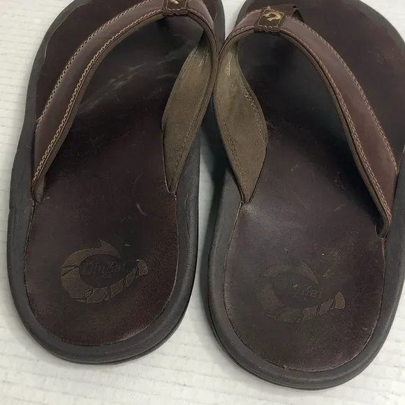 Olukai Sandals Mens 10 Brown Ohana Leather Flip Flop Thong Sandals Slip On Flat