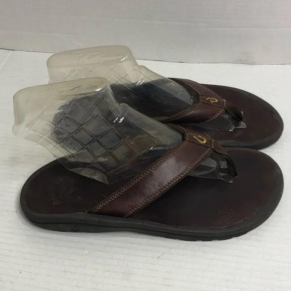Olukai Sandals Mens 10 Brown Ohana Leather Flip Flop Thong Sandals Slip On Flat