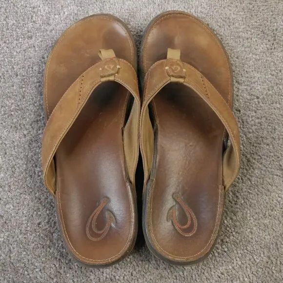 Olukai Tuahine Sandals Mens 14 Shoes Golden Sand Waterproof Leather Flip Flops