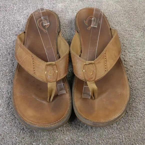 Olukai Tuahine Sandals Mens 14 Shoes Golden Sand Waterproof Leather Flip Flops
