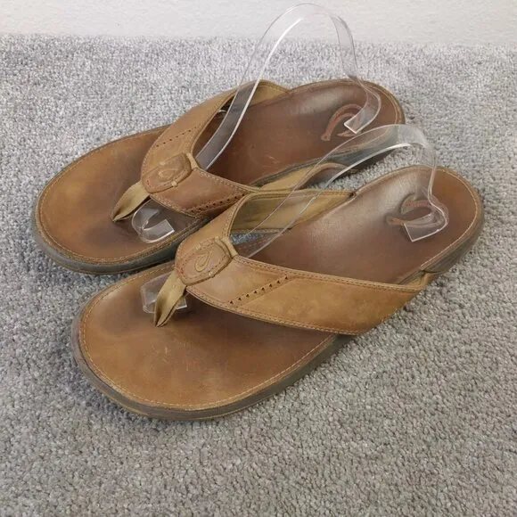 Olukai Tuahine Sandals Mens 14 Shoes Golden Sand Waterproof Leather Flip Flops