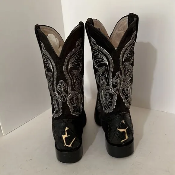 Olvera  Made in Mexico Black Leather Boots With White Butterfly Embroidery 6.5