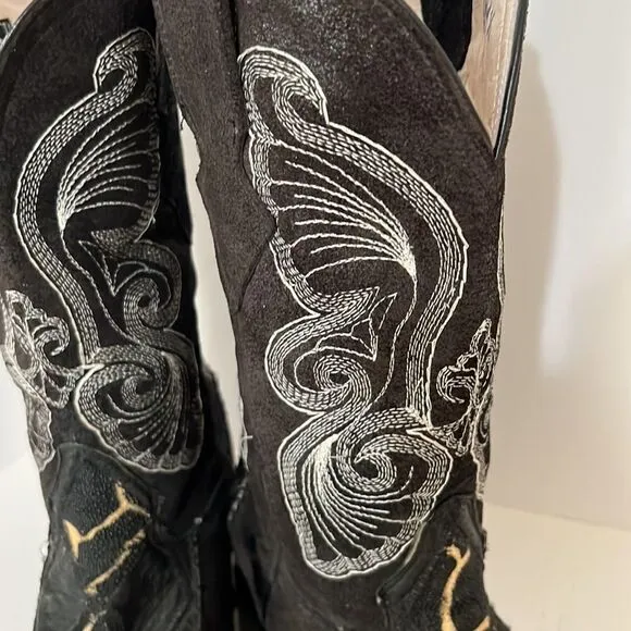 Olvera  Made in Mexico Black Leather Boots With White Butterfly Embroidery 6.5