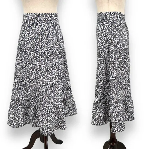 O.P.T. Sana Cotton Blue Brown Ditsy Floral Ruffle Hem Midi Skirt L NWOT