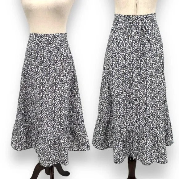 O.P.T. Sana Cotton Blue Brown Ditsy Floral Ruffle Hem Midi Skirt L NWOT