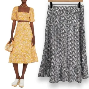 O.P.T. Sana Cotton Blue Brown Ditsy Floral Ruffle Hem Midi Skirt L NWOT