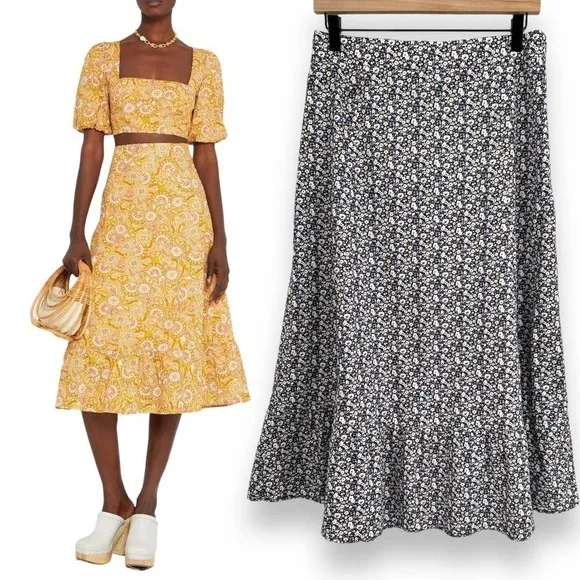 O.P.T. Sana Cotton Blue Brown Ditsy Floral Ruffle Hem Midi Skirt L NWOT