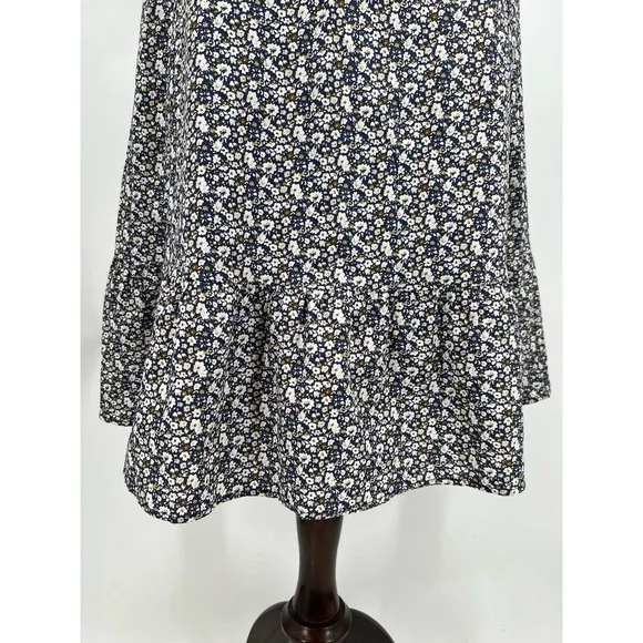 O.P.T. Sana Cotton Blue Brown Ditsy Floral Ruffle Hem Midi Skirt L NWOT