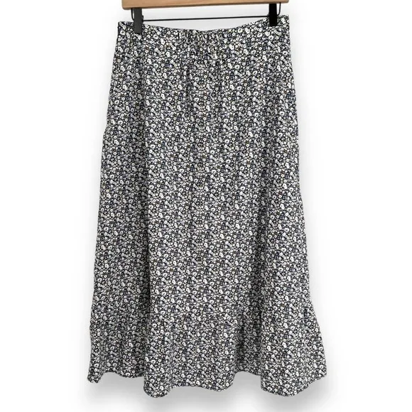 O.P.T. Sana Cotton Blue Brown Ditsy Floral Ruffle Hem Midi Skirt L NWOT