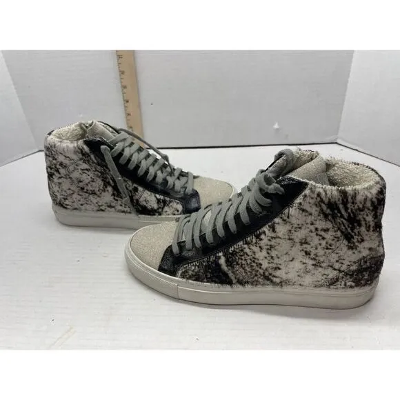 P448 Black White Animal Printed High Top Lace-Up Sneakers, Size 7‎ (US) 37