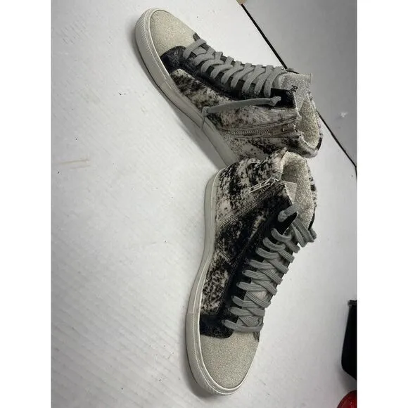 P448 Black White Animal Printed High Top Lace-Up Sneakers, Size 7‎ (US) 37