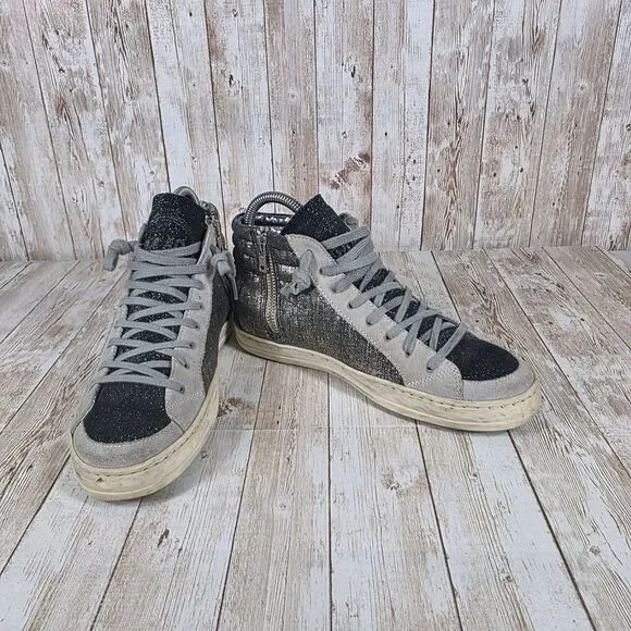 P448 Glitter High Top Sneakers Metallic Silver Gray Fashion Size 37‎ women's 6