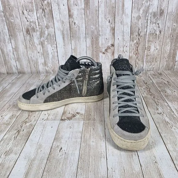 P448 Glitter High Top Sneakers Metallic Silver Gray Fashion Size 37‎ women's 6