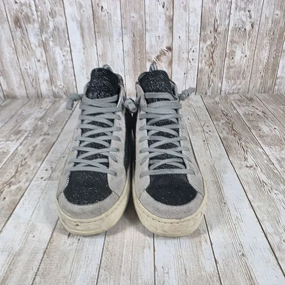 P448 Glitter High Top Sneakers Metallic Silver Gray Fashion Size 37‎ women's 6
