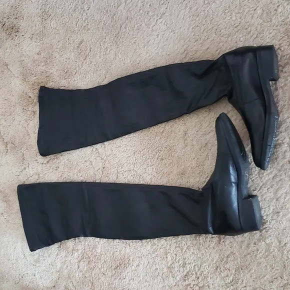 Parallele Paris black leather sock over the knee boots, almond toe, pull on boot