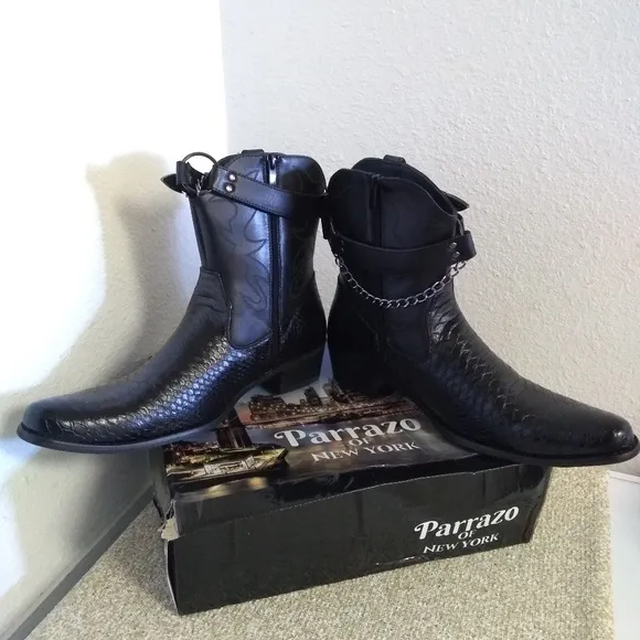 Parrazo Of NY Embossed Black Leather Boots