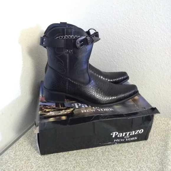 Parrazo Of NY Embossed Black Leather Boots