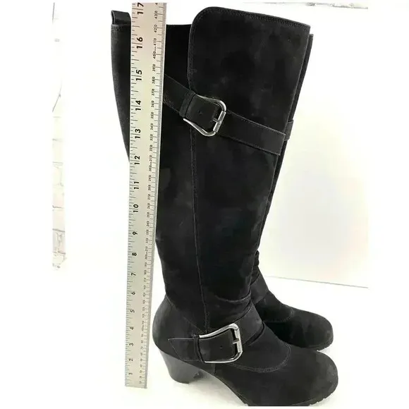 Paul Green Black Suede Leather Women's Boots 5 Kimberly Knee High Buckle Zipper