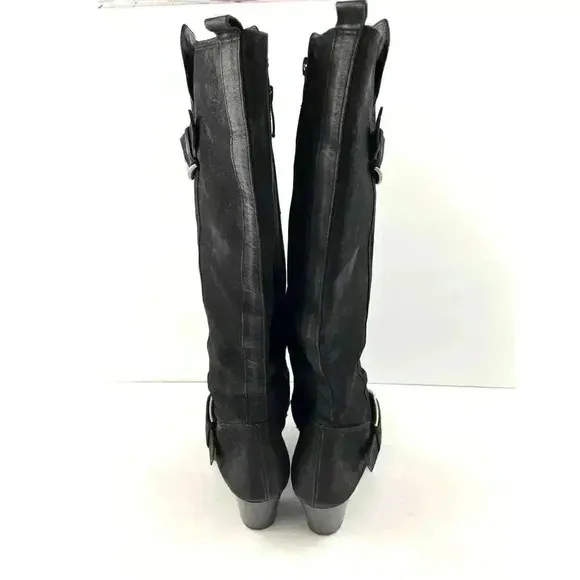 Paul Green Black Suede Leather Women's Boots 5 Kimberly Knee High Buckle Zipper