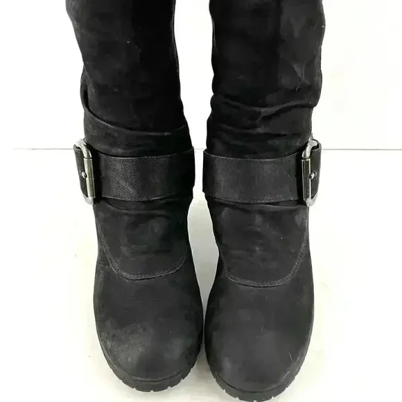 Paul Green Black Suede Leather Women's Boots 5 Kimberly Knee High Buckle Zipper