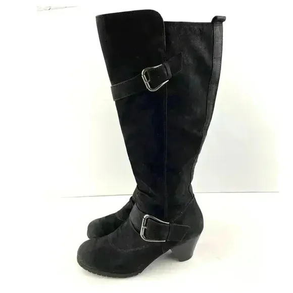 Paul Green Black Suede Leather Women's Boots 5 Kimberly Knee High Buckle Zipper