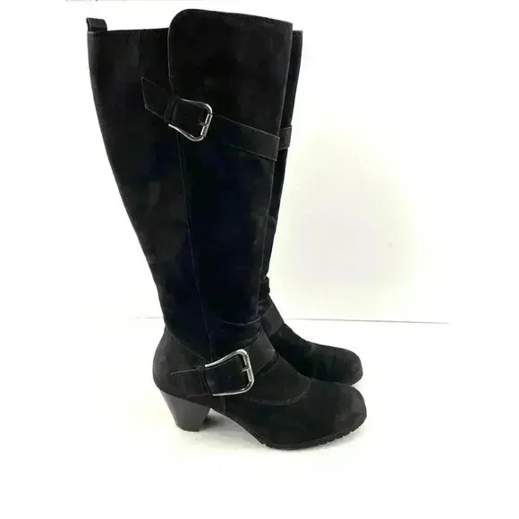 Paul Green Black Suede Leather Women's Boots 5 Kimberly Knee High Buckle Zipper