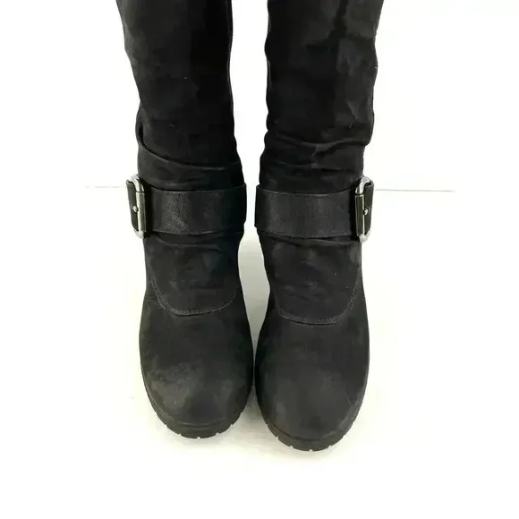 Paul Green Black Suede Leather Women's Boots 5 Kimberly Knee High Buckle Zipper