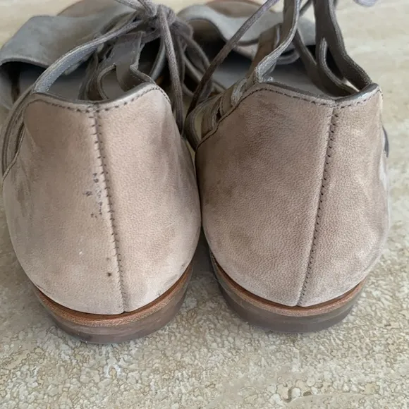 PAUL GREEN flat sandals, iridescent tan suede (front), ankle tie. UK 8 US 10 EUC