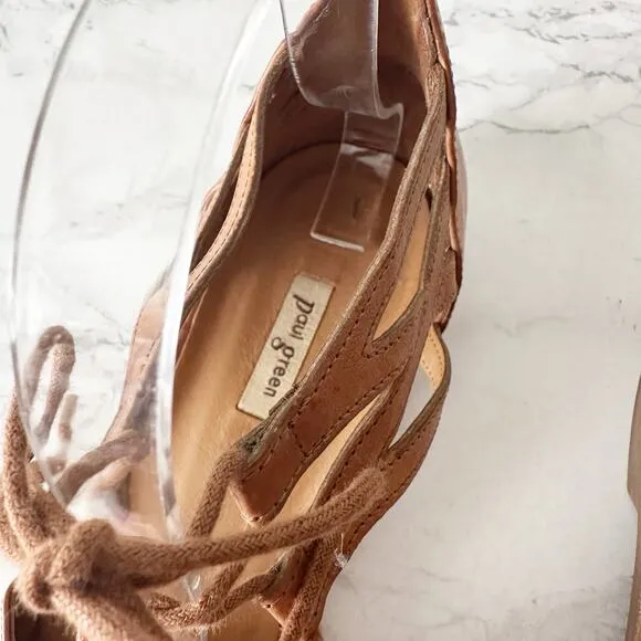 Paul Green Morea Tan Leather Lace Up Open Toe Flat Sandals Women’s US Size 8.5