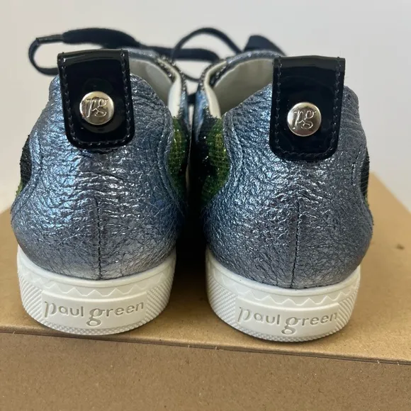 Paul Green sparkly green blue black leather fashion sneakers size 7.5