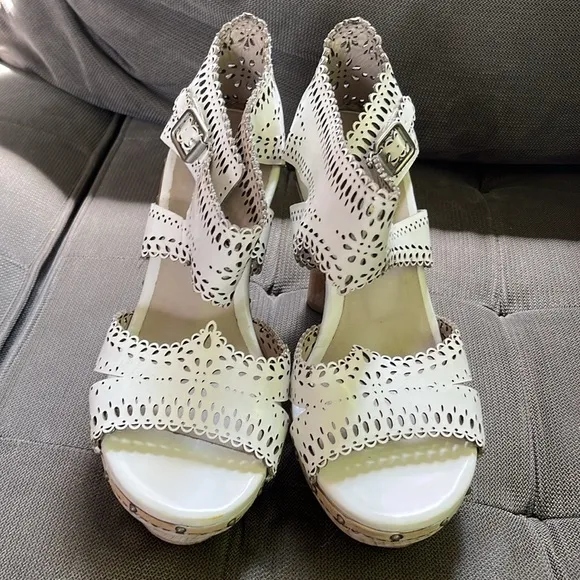 Paul Smith laser cut sandals platform wooden high heel white 7