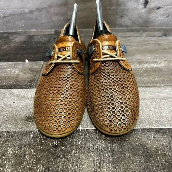 pikolinos womens perforated leather lace up flats loafers tan brown 37