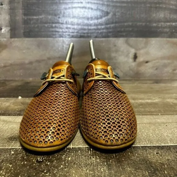 pikolinos womens perforated leather lace up flats loafers tan brown 37