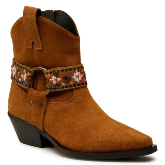 PINKO Italian Brown Suede Leather Boots Harness Detail Ankle Booties | Size 39