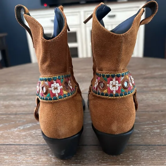 PINKO Italian Brown Suede Leather Boots Harness Detail Ankle Booties | Size 39