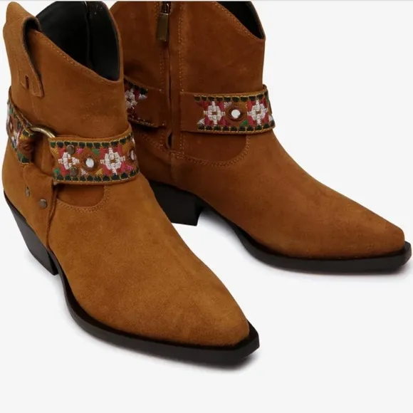 PINKO Italian Brown Suede Leather Boots Harness Detail Ankle Booties | Size 39
