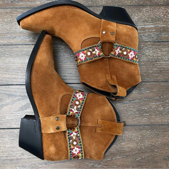 PINKO Italian Brown Suede Leather Boots Harness Detail Ankle Booties | Size 39
