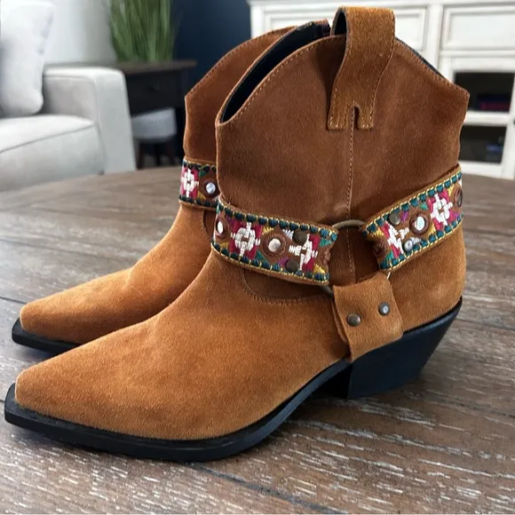 PINKO Italian Brown Suede Leather Boots Harness Detail Ankle Booties | Size 39