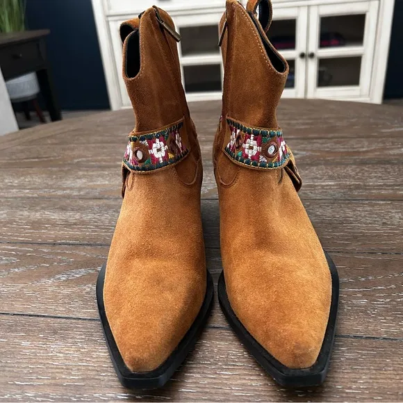 PINKO Italian Brown Suede Leather Boots Harness Detail Ankle Booties | Size 39