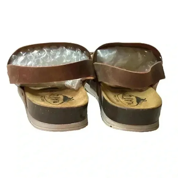 Plakton Gunter Women 8.5 39 Slingback Leather Slip On Cork Flat Sanals Brown NEW